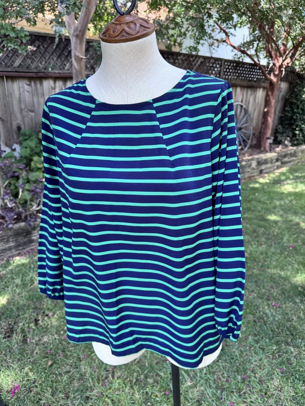 Charming Charlie Striped Long Sleeve Blouse M Navy Blue Green Back Zipper